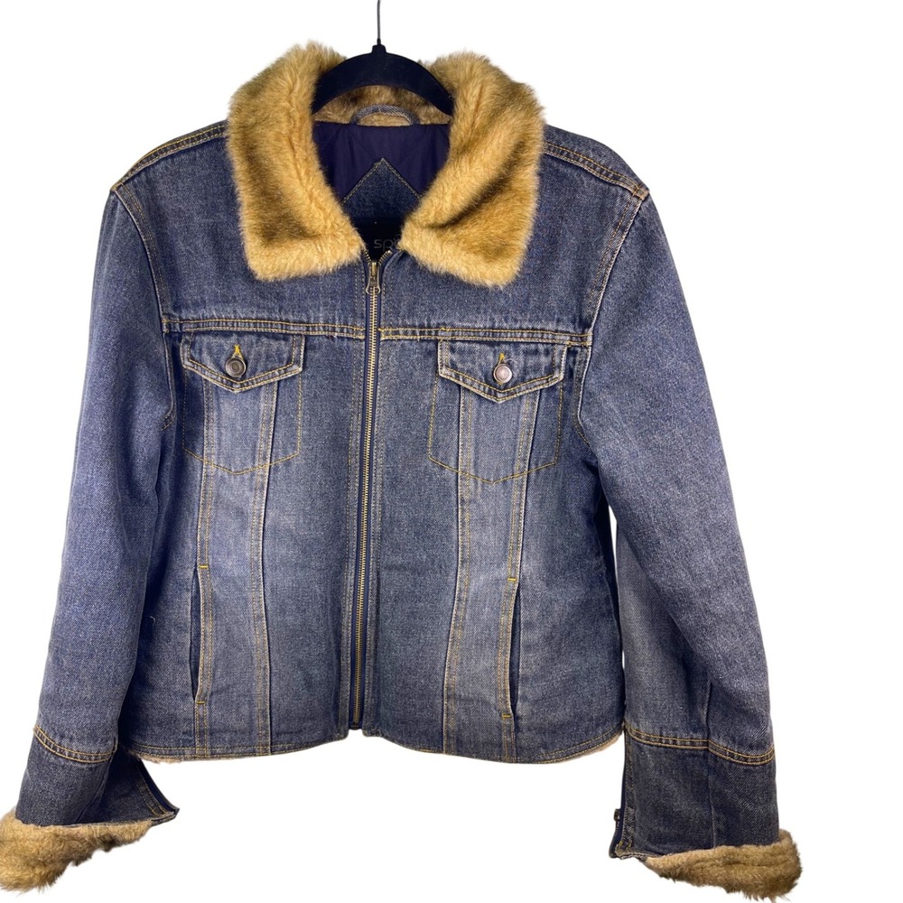 NY Classics Sports Denim Jacket Faux Fur Trim Blue Wash Size Medium Y2K‎ Grunge